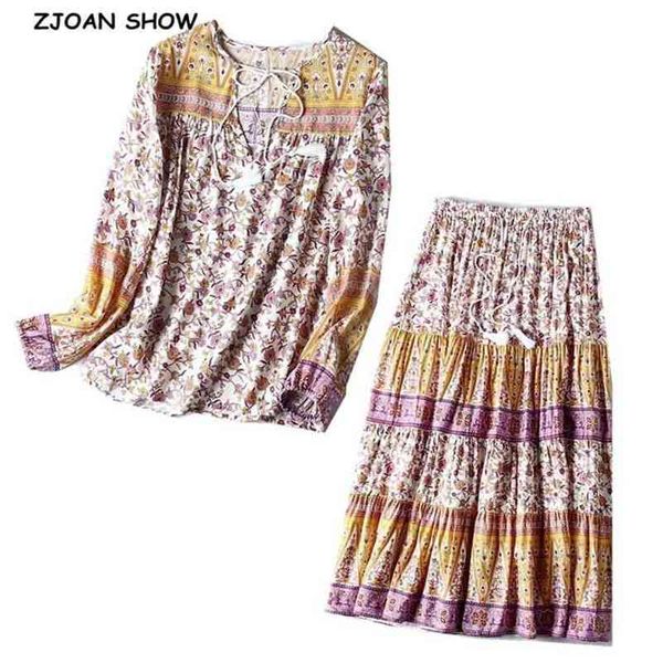 

boho location floral print long sleeve shirt ethnic women tie bow lacing up strappy v neck blouse cotton holiday 1 set 210429, White