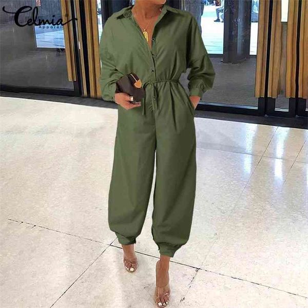 

s-5xl celmia cargo rompers women long sleeve belted vintage jumpsuits 2021 autumn lapel solid casual playsuits buttons overalls, Black;white