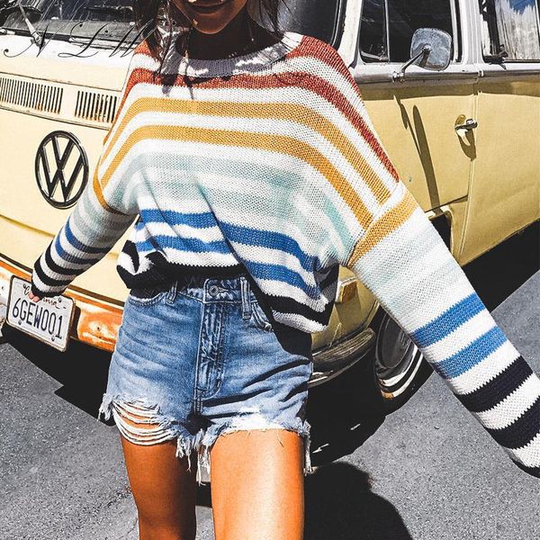 

women's sweaters nlw 2021 rainbow stripe sweater women autumn winter loose oversize jumper chic streetwear casual long pullover sueter, White;black