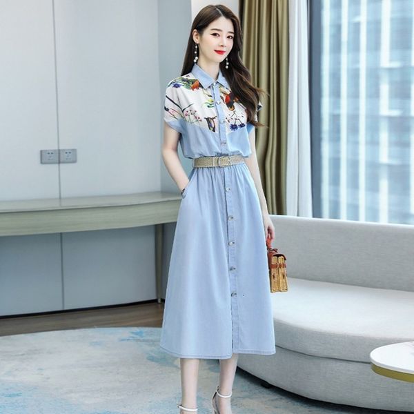

casual dresses spring summer skirts long stylish thin sleeve print line dressed only ladies breasted denim dress dett, Black;gray