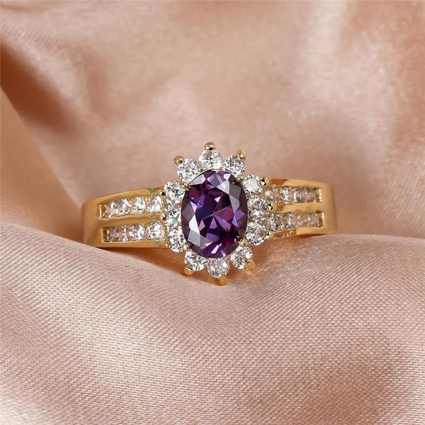 

wedding rings punk female purple oval crystal jewelry cute gold color for women boho bride flower engagement valentines day gift, Slivery;golden