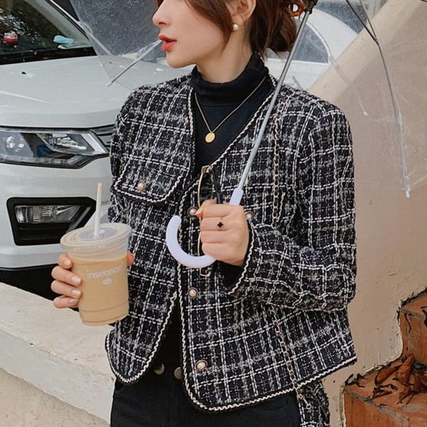 

women's wool & blends [ewq] korea chic autumn casual trend women o neck pearl buckle plaid retro simple long-sleeved tweed cardigan coa, Black