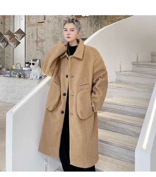 

men's wool & blends woolen coat autumn and winter solid color multi pocket work clothes medium long handsome thickened knee, Black