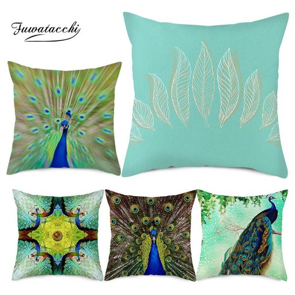 

cushion/decorative pillow fuwatacchi 45x45cm case peacock printed linen cushion cover painting throw for home decor
