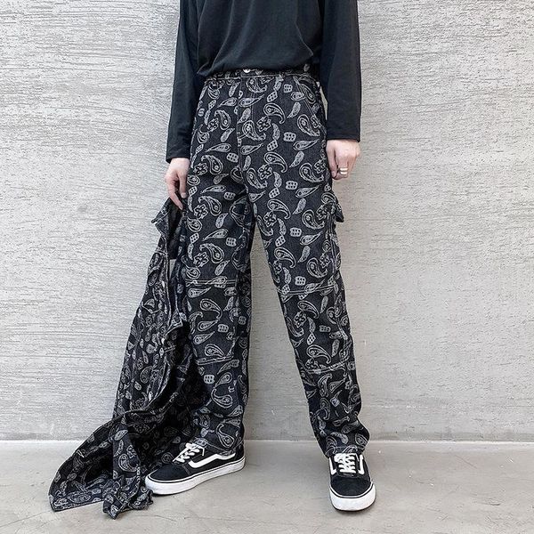 

men's jeans high street royal paisley printed men black ripped slim fit pants streetwear erkek jean pantolon masculina, Blue