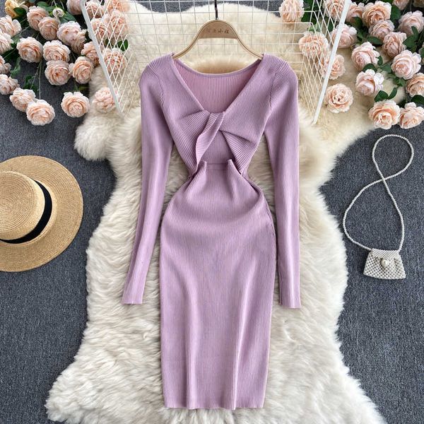 

women design hollow knitted dress long sleeve v neck elastic slim sheath dresses autumn bodycon streetwear dress 210715, Black;gray