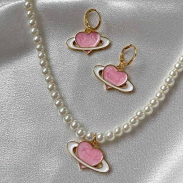 

pendant necklaces ins personality pearl heart necklace vintage pink for women girls fashion jewelry gift, Silver