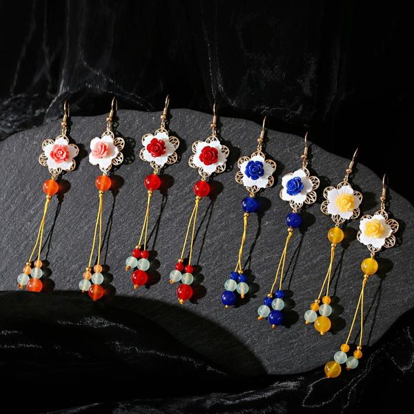 

dangle & chandelier pendant long earrings for women hanfu chinese flower earring piercing unusual ancient ethnic original ear drop jewelry h, Silver