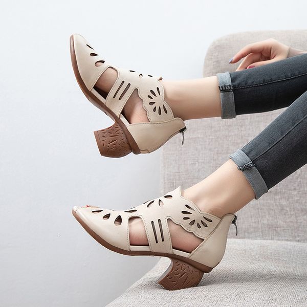

sandals yourseason women retro zipper genuine leather summer casual sewing ladies handmade hollow shoes bhxs, Black