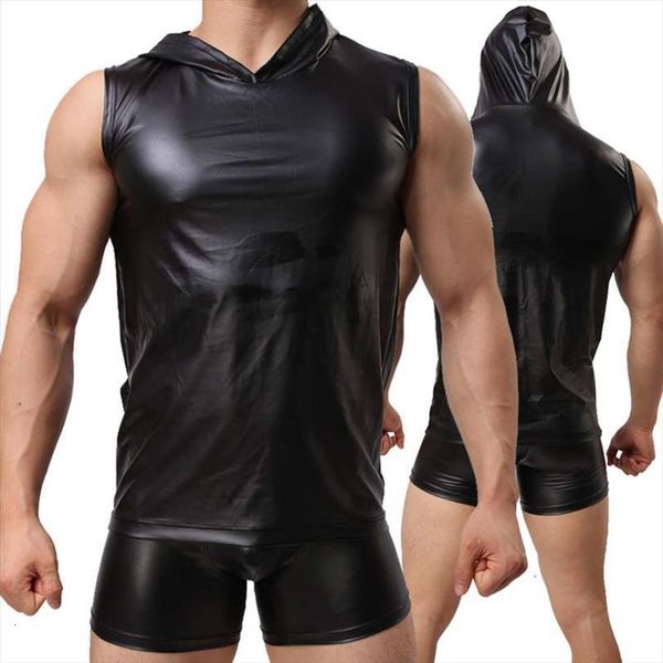 

mens faux leather vest fashion men tank sleeveless casual solid shirt and boxer set, White;black