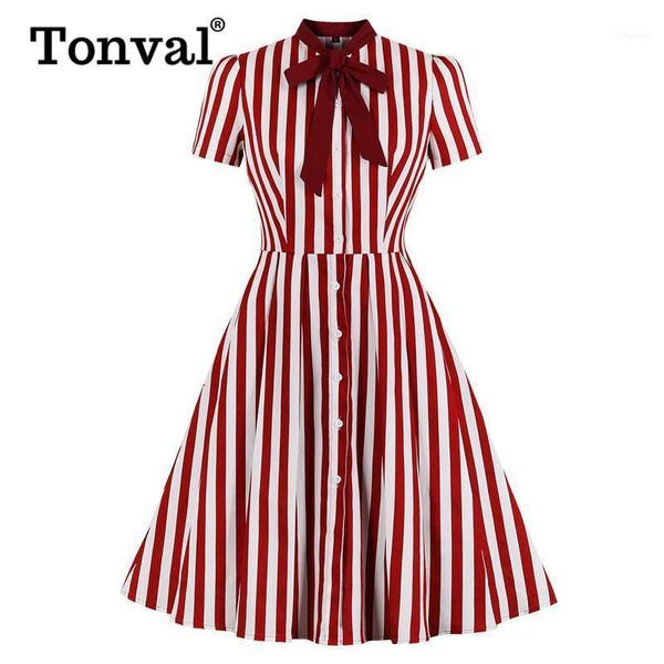

tonval single-breasted tie neck burgundy striped cotton dresses 50s vintage robe women rockabilly party elegant summer dress1, Black;gray