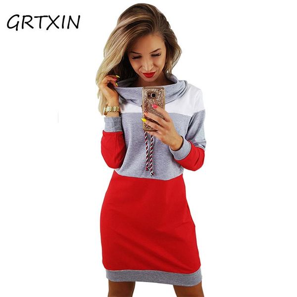 

casual dresses women autumn dress long sleeve stand patchwork striped sweater mini female elegant fashion warm clothes, Black;gray