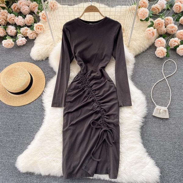 

casual dresses 2021 autumn fashion temperament vestidos women's round neck long sleeve drawstring fold split midi dress df584, Black;gray