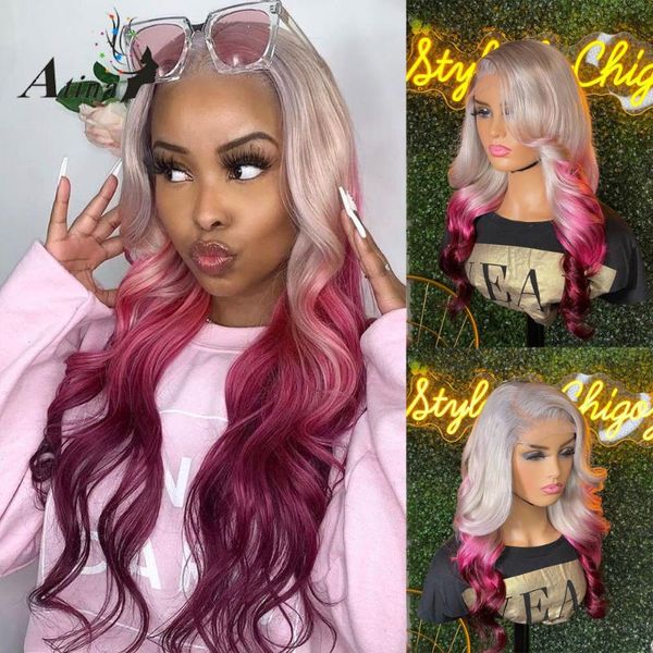 

transparent lace front human hair wig bleach knots ombre 99j burgundy colored body wave pre plucked with baby full remy wigs, Black;brown