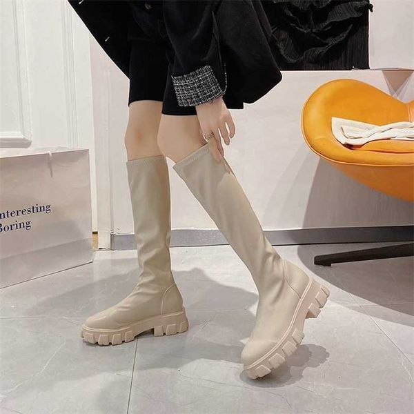 

women boots chelsea thick bottom non-slip sock boots slip on female round toe leather ladies shoes casual color botas de mujer 211103, Black