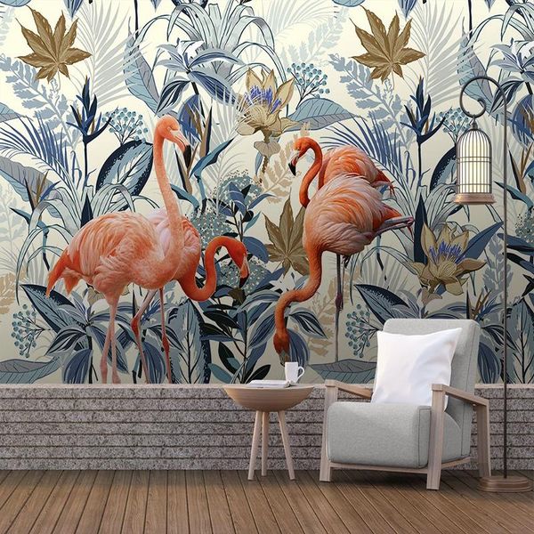 

wallpapers retro tropical plant leaves flamingo pattern murals for living room bedroom pastoral background wall painting paper fresco
