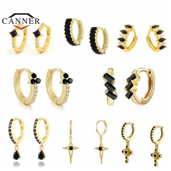 

canner real 925 sterling sier small black cz zircon hoop earrings for women round circle piercing earring jewelry pendientes, Golden