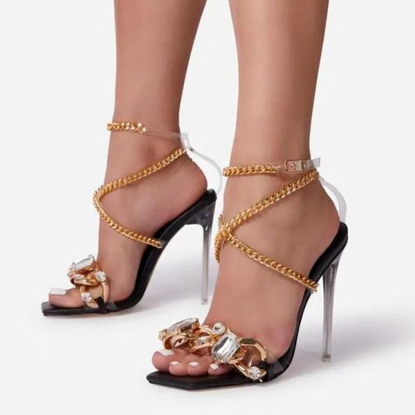 

sandals summer shoes for women party cross-tied rome classics lace-up concise mixed colors peep toe chain serpentine pvc, Black