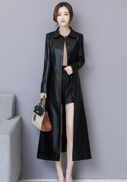 

women's trench coats 2021 autumn and winter pu leather woman plus long style windbreaker slim sleeve cotton, Tan;black