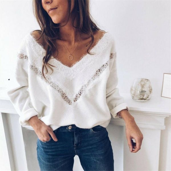 

fall women low cut lace patchwork white long sleve blouse and women's blouses & shirts