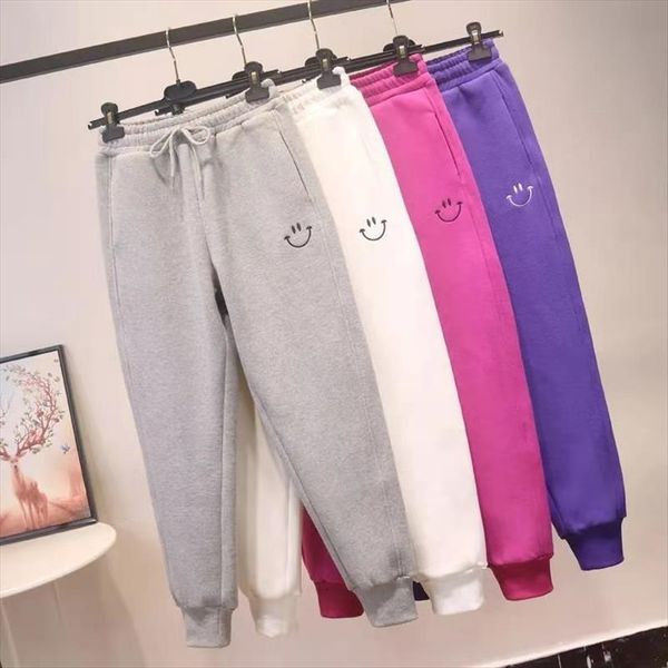 

harem spring autumn casual loose women capris oversize full length thick fleece sweatpants smiling face embroidery trousers, Black;white