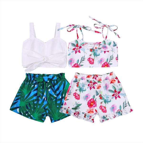 

1 5y baby girls clothes set 2pcs sleeveless sling leaf floral print short pants, White