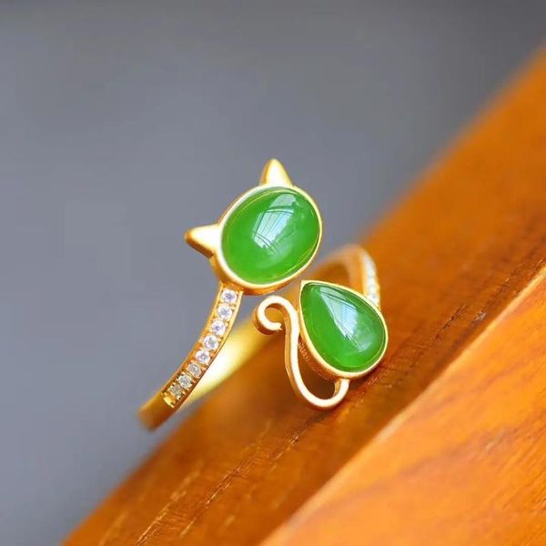 

cluster rings hetian jade green s925 sterling silver ring ancient gold kitten exquisite ornament for women, Golden;silver