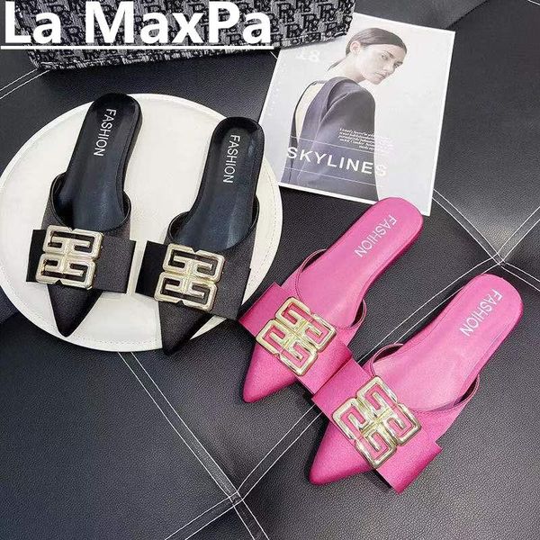

slippers women's for summer wear 2021 fashion square metal buckle sandals shoes pointed half-drag lazy women, Black