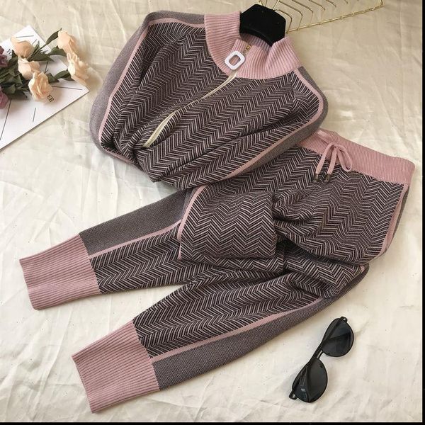 

fashion tracksuit patchwork turtleneck womens tracksuits zipper knitted cardigans sweater pants suit 2 piece set trousers elastic p570, Gray