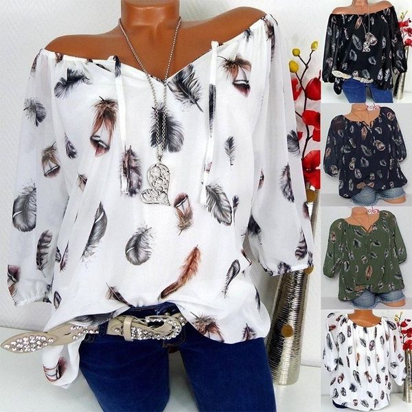 

women's t-shirt chiffon shirt 2021 feather print loose half-sleeved casual v-neck elegant fashion, White