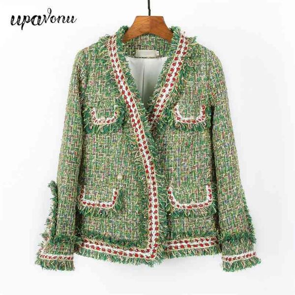 

women's short tweed jacket spring fringed v-neck long sleeve pearl button slim green coat 210524, White;black