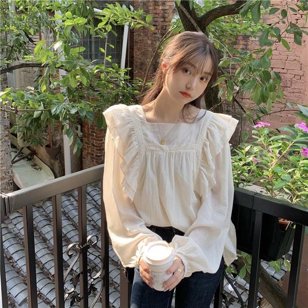 

women's blouses & shirts court style ruffled fairy long-sleeved shirt square collar puff sleeve summer thin design french autumn rac, White