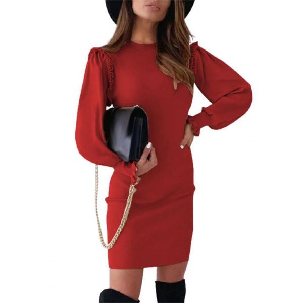 

skirts lady office dress ruffles sleeve solid color autumn winter slim bodycon round neck for wedding casual vintage dresses, Black