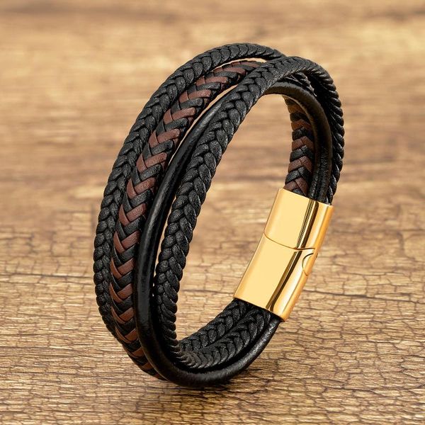 

charm bracelets men's multilayer braided leather cord bracelet stainless steel magnetic buckle vintage for women fashion jewelry, Golden;silver