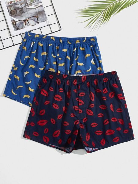 

men 2pcs random banana & lip print pajama shorts s01n#, Black;brown