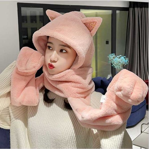 

hats, scarves & gloves sets pink cartoon cat plush warm bomber hats fur hat scarf 3in1 set wraps furry cap head warmer outdoor earflap girl, Blue;gray