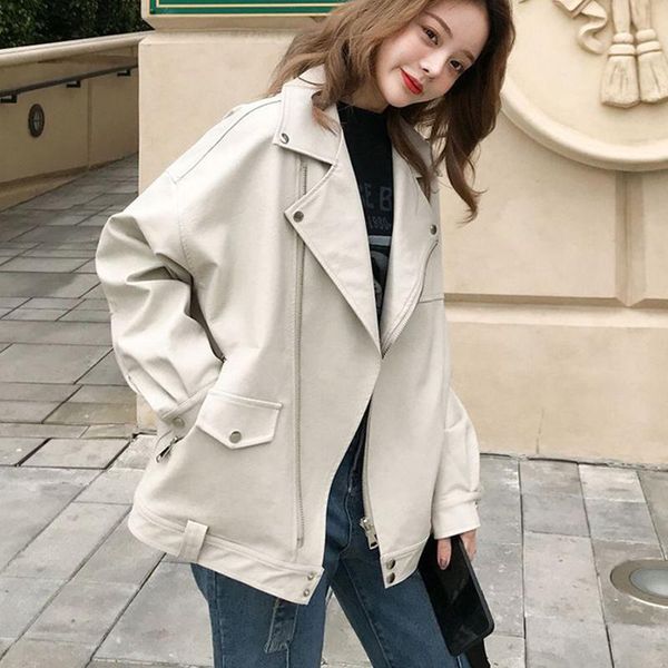 

oversized spring autumn coat for women faux pu leather jacket loose biker motorcycle jackets plus size female solid streetwear women's, Black