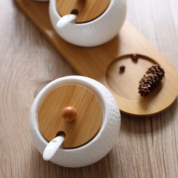 

storage bottles & jars ceramic condiment jar household seasoning pot bamboo tray spice soy sauce box salt sugar can kitchen organizer tools