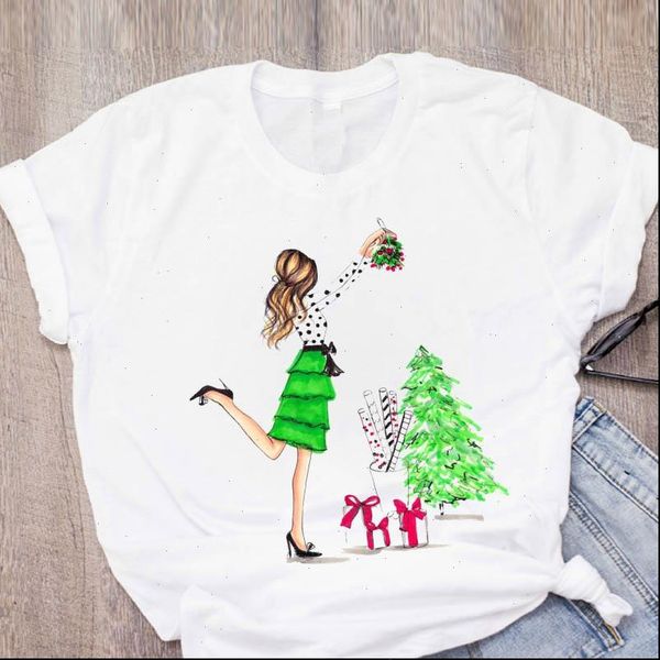 

womens t shirt women graphic gift tree happy year girl 90s clothes merry christmas print lady tees female, White