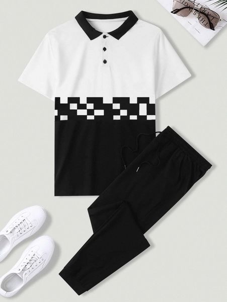 

men geo print polo shirt & drawstring waist sweatpants a6uj#, Gray