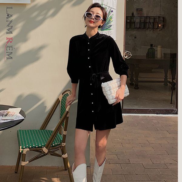 

women black single breasted velvet dress stand neck half sleeve loose fit fashion tide spring autumn 2f0232 210507, Black;gray