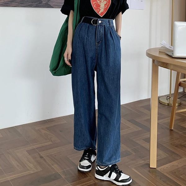 

women's jeans dark straight tube loose summer thin 2021 spring and autumn high waist wide leg pants fashion, Blue