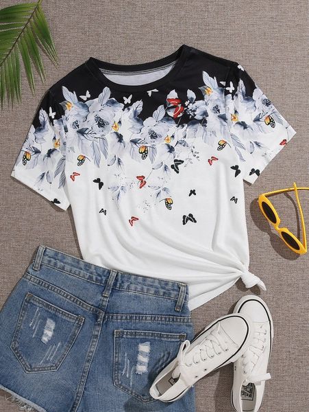 

floral & butterfly print tee z79e#, White