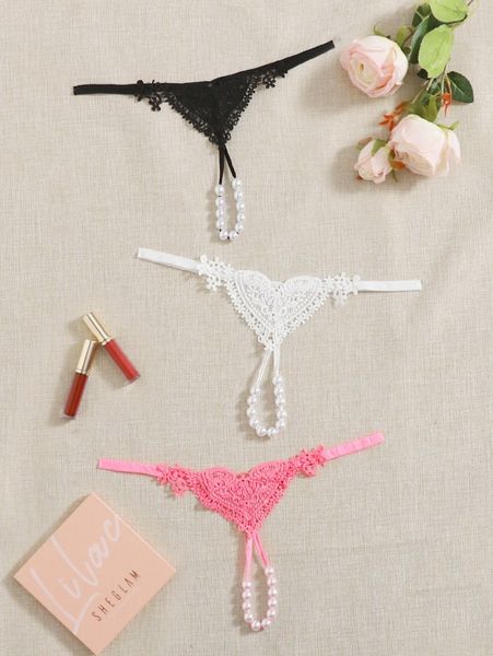 

3pack plus faux pearl decor thong set l0qp#, Black;white