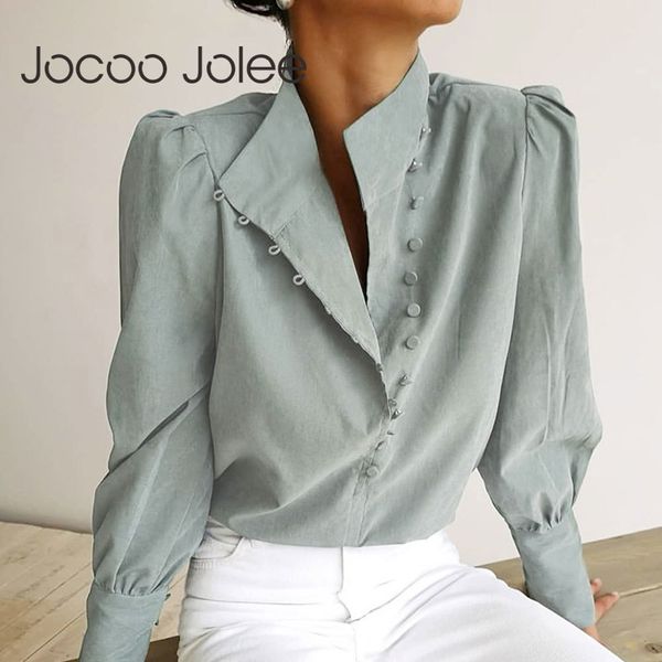 

women elegant turtleneck blouse solid long sleeve white shirt office lady puff casual single-breasted blouses 210428