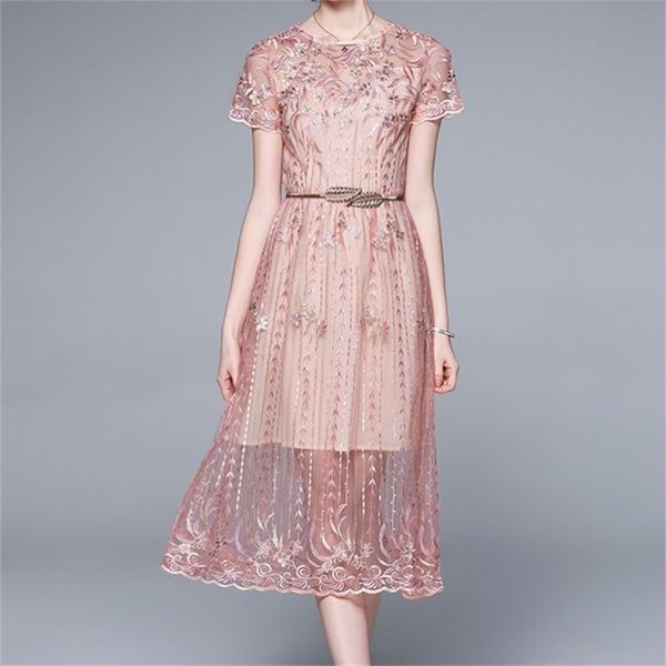 

french retro spring vestidos female round neck short-sleeved waist slimming embroidered flower midi dress 210603, Black;gray