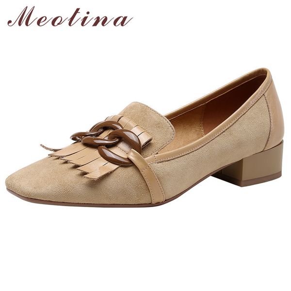 

meotina kid suede mid heel women shoes metal decoration retro pumps square toe thick heels fringe lady footwear black apricot 210520