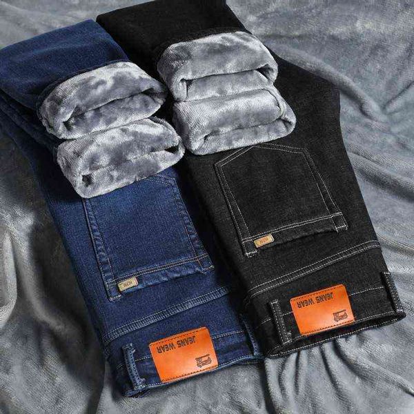 Jeans di marca Uomo Inverno Caldo pile Pantaloni in denim Pantaloni da uomo in tessuto da lavoro all'aperto di grandi dimensioni elastici dritti G0104