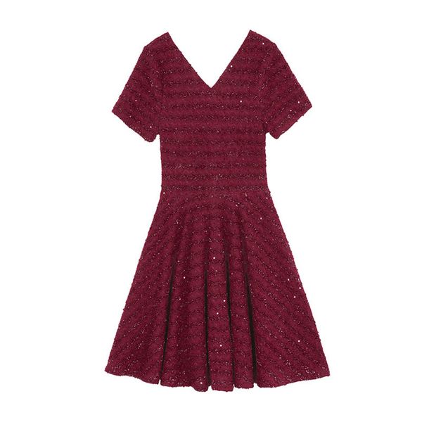 

wine red knitting v neck short sleeve mini fit and flare dress casual elegant summer women lurex d0946 210514, Black;gray