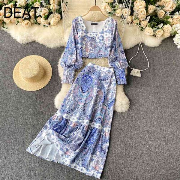 

women skirt printing arrivals square collar puff sleeve short two piece set fashion spring summer 11d69 210525, White